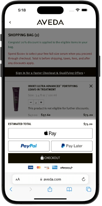 Aveda mobile checkout showing Apple Pay and other payment options